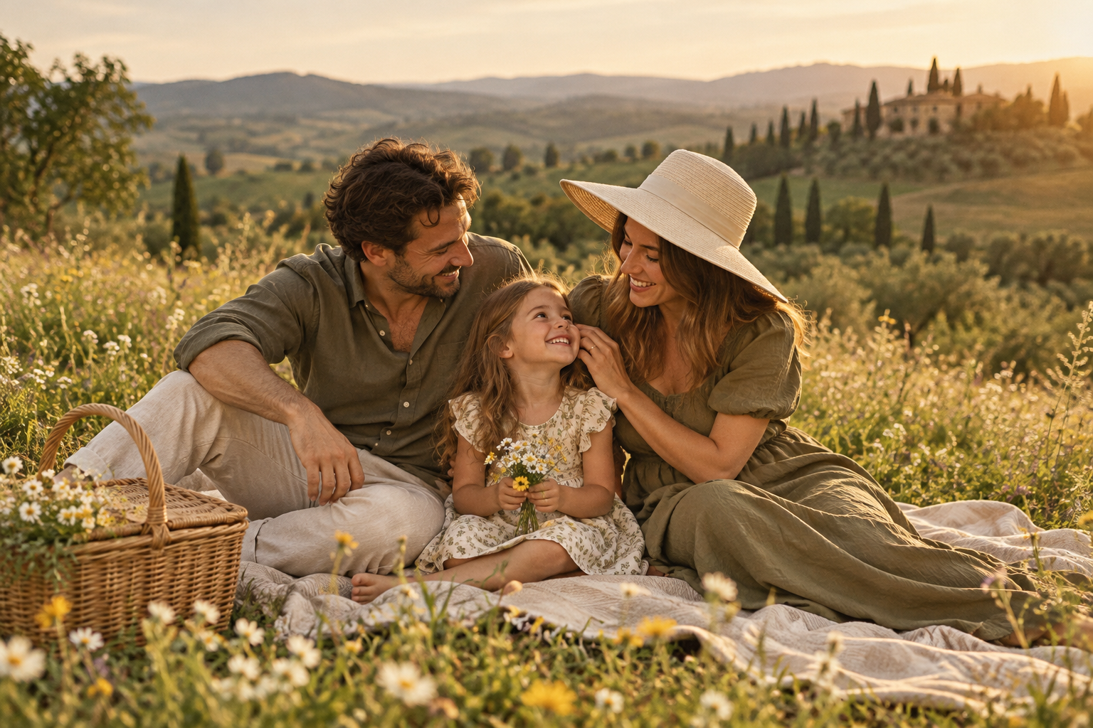 A family enjoying a picnic in a sunlit meadow